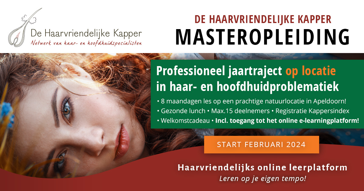 Banner voor de Masteropleiding ‘De Haarvriendelijke Kapper’ hybride formaat: een combinatie van online en op locatie in Apeldoorn.